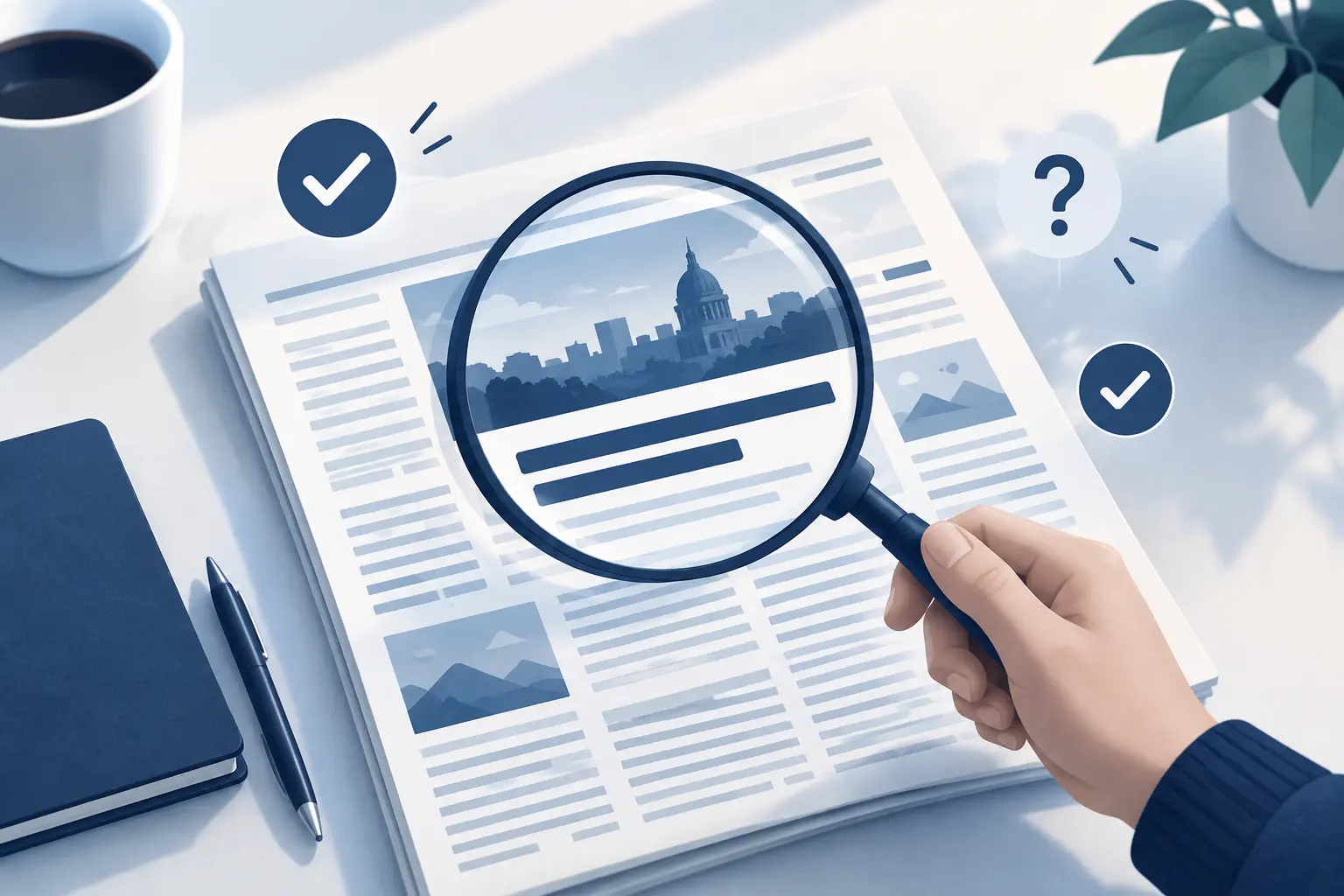 A magnifying glass held over a bold newspaper headline, with a checkmark on one side and a question mark on the other